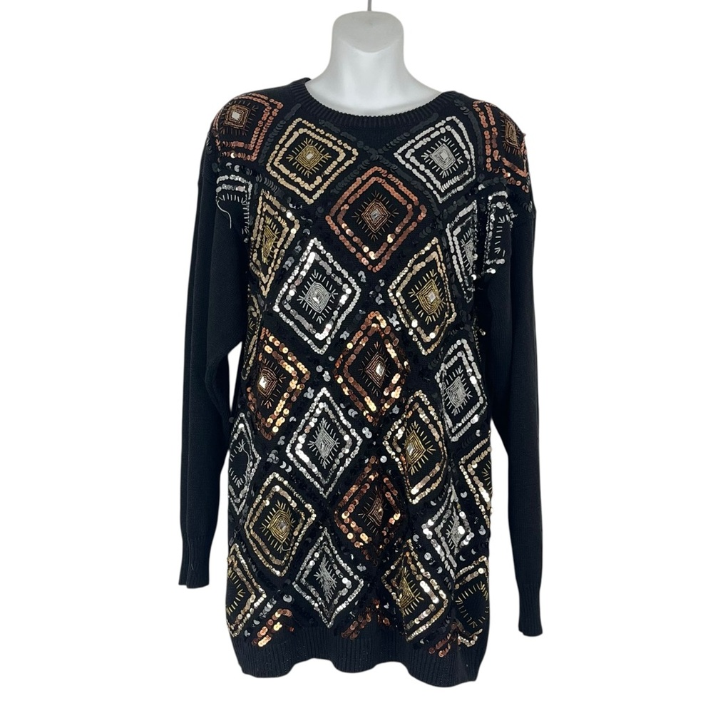Vintage Maurada Large Black Metallic Geometric Sequined & Beaded Sweater SZ LG